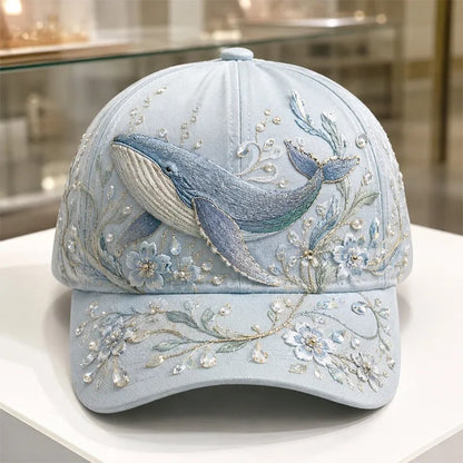 🌊 Ocean Sea Creature Pattern Cap | Pearl & Crystal Accent Adjustable Hat for Beach, Travel & Everyday Wear