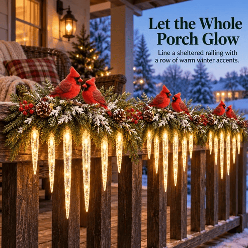 ✨Cardinal Winter Glow — Lighted Snowy Cedar & Icicle Christmas Decor