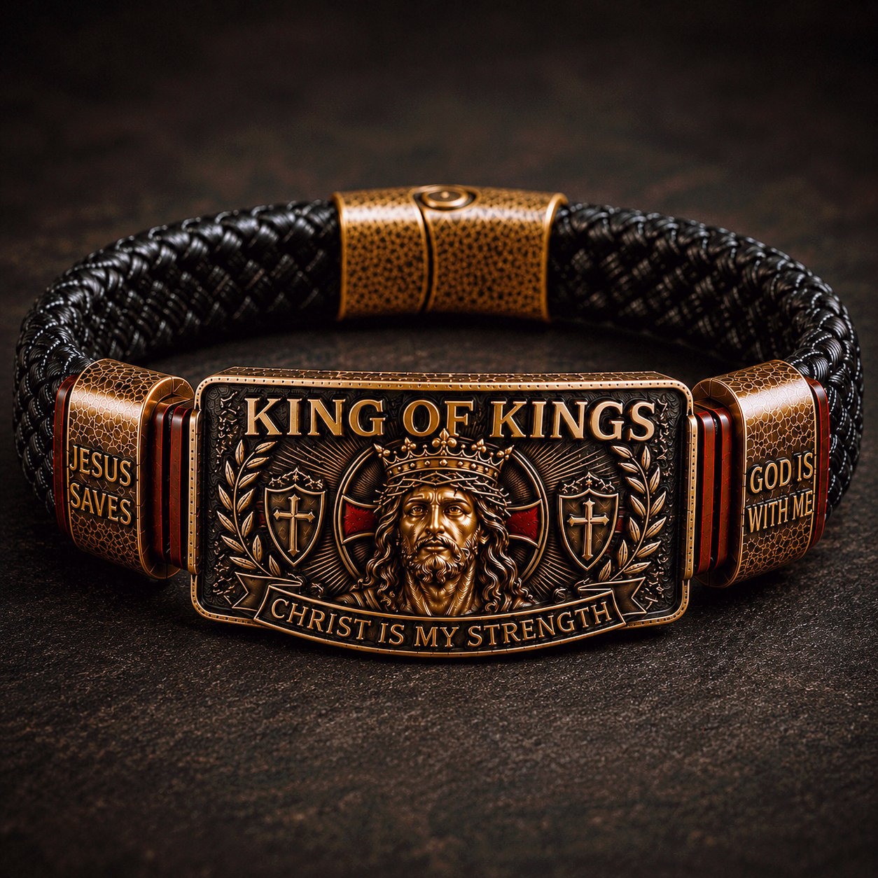 ✝3D Engraved Christ Is My Strength Bracelet, Faith-Forged Metal & Braided Band, Spiritual Reminder for Christian Dads