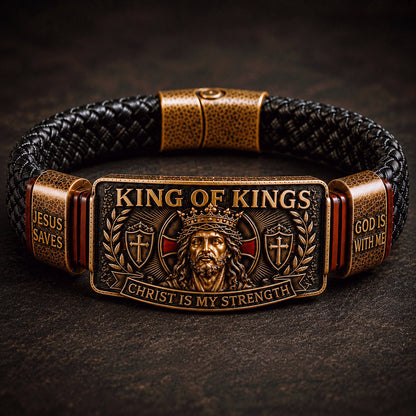 ✝3D Engraved Christ Is My Strength Bracelet, Faith-Forged Metal & Braided Band, Spiritual Reminder for Christian Dads