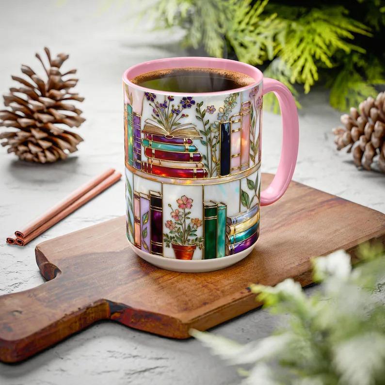 ☕📚Stained-Glass Ceramic Mug- Book Lover Gift, Floral Bookshelf Mug, Coffee & Tea Cup🌈(Buy 2 Free Shipping)
