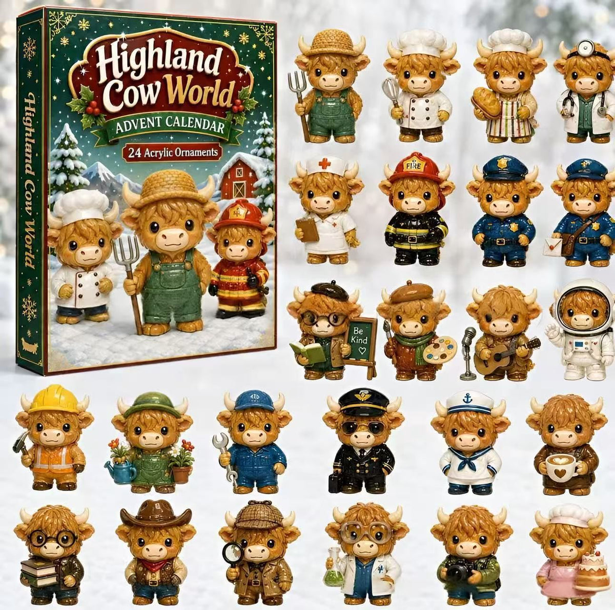 CHRISTMAS KICKOFF 49% OFF - 2026 Highland Cows World Advent Calendar - 24‑Day Festive Countdown, Career‑Theme Highland Cow Collectible Miniatures Blind Box - Gift For Collectors