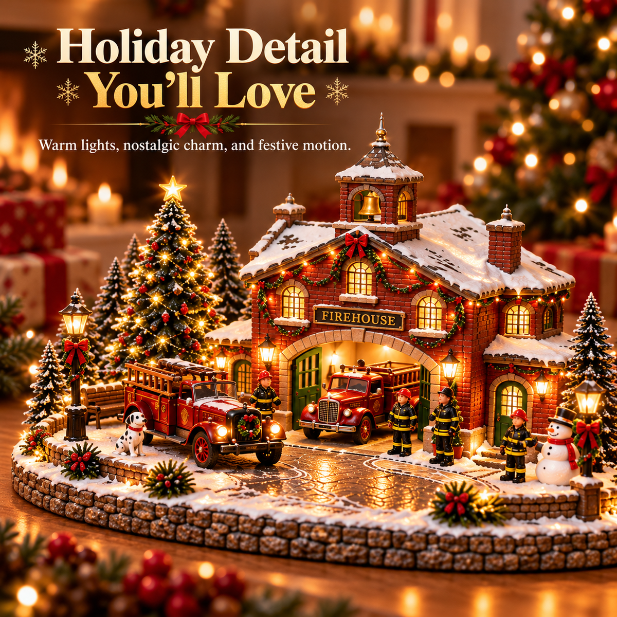 🎄 Christmas Firehouse Village™ – Warm LED Lights, Vintage Fire Trucks & Cozy Holiday Display