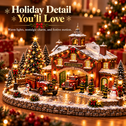 🎄 Christmas Firehouse Village™ – Warm LED Lights, Vintage Fire Trucks & Cozy Holiday Display