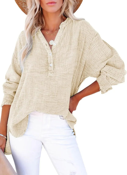 🔥Womens Casual Gauze Button Neck Long Sleeve Oversized BlousesTops