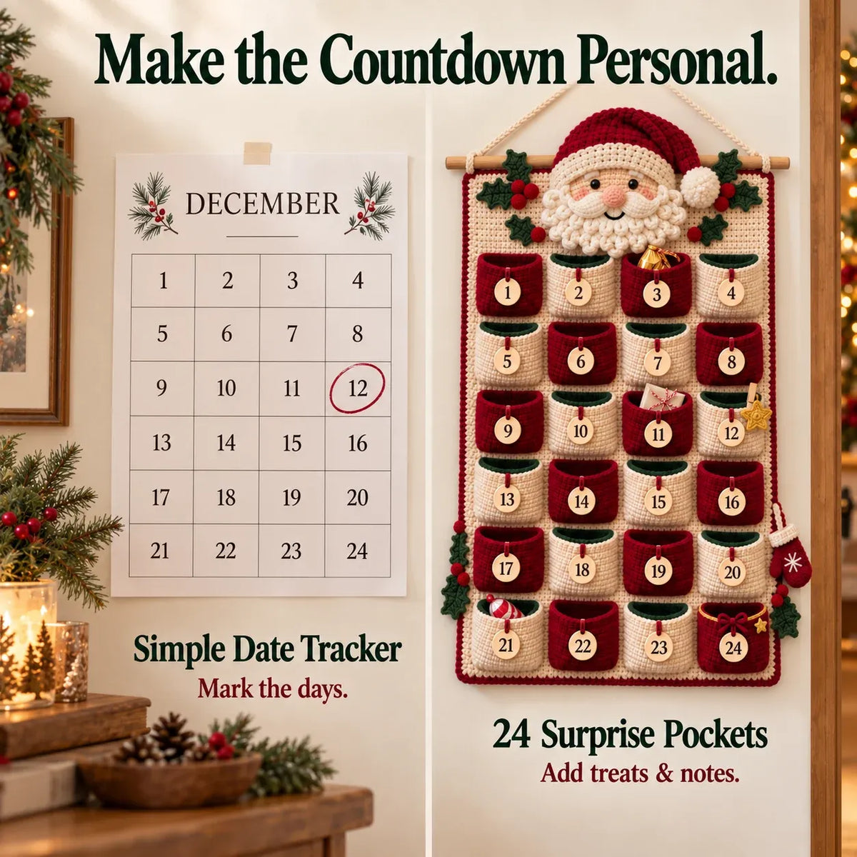 ⏳ 🧶 DIY Crochet Advent Calendar Kit | 24 Refillable Pockets, 4 Christmas Characters & Complete Crochet Materials 🎄