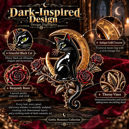 🐈‍⬛🌙 Black Cat Crescent Moon Brooch – Gothic Rose Statement Pin