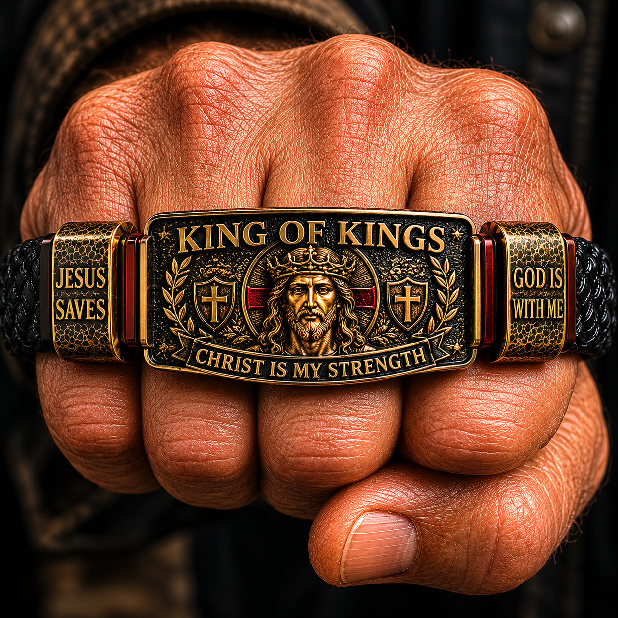 ✝3D Engraved Christ Is My Strength Bracelet, Faith-Forged Metal & Braided Band, Spiritual Reminder for Christian Dads