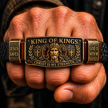 ✝3D Engraved Christ Is My Strength Bracelet, Faith-Forged Metal & Braided Band, Spiritual Reminder for Christian Dads