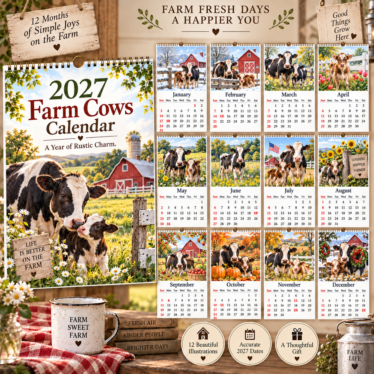 📅 2027 Farm Cows Calendar｜A4 Hanging Calendar