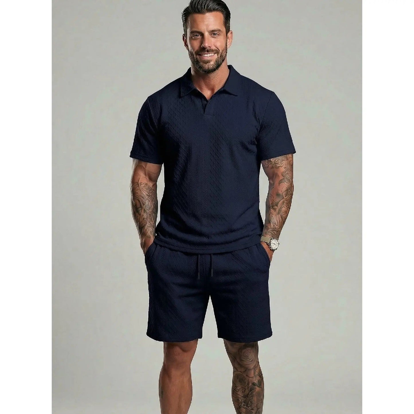 ⚡Hot Sales 49% OFF🔥Men's Solid Polo Shirt & Drawstring Waist Shorts Set Cozy Breathable Two-piece Outfits for Daily Outdoor Wear