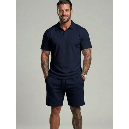 ⚡Hot Sales 49% OFF🔥Men's Solid Polo Shirt & Drawstring Waist Shorts Set Cozy Breathable Two-piece Outfits for Daily Outdoor Wear