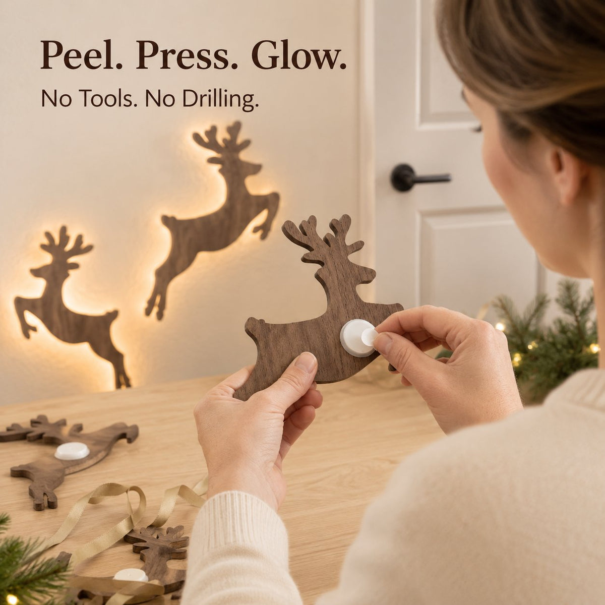 ✨Light-Up Wooden Reindeer | Warm Amber Glow | Zero-Tool Holiday Magic