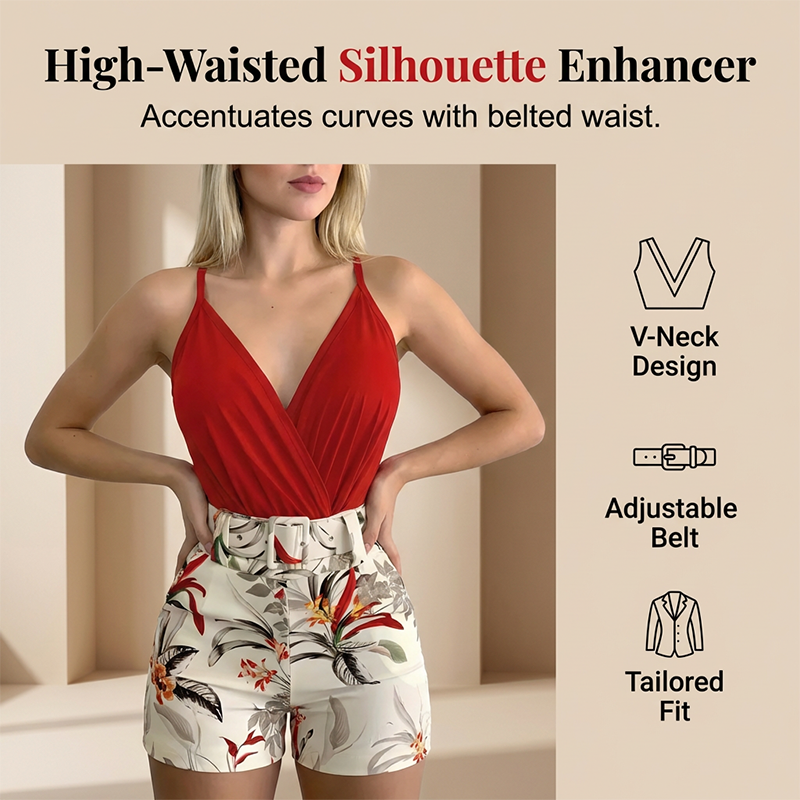 ✨ V-Neck & High-Waist Shorts Set – Tropical Print, 2-Piece Vacation Outfit 🌴