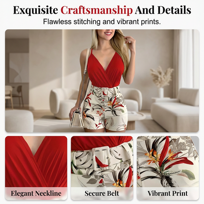✨ V-Neck & High-Waist Shorts Set – Tropical Print, 2-Piece Vacation Outfit 🌴