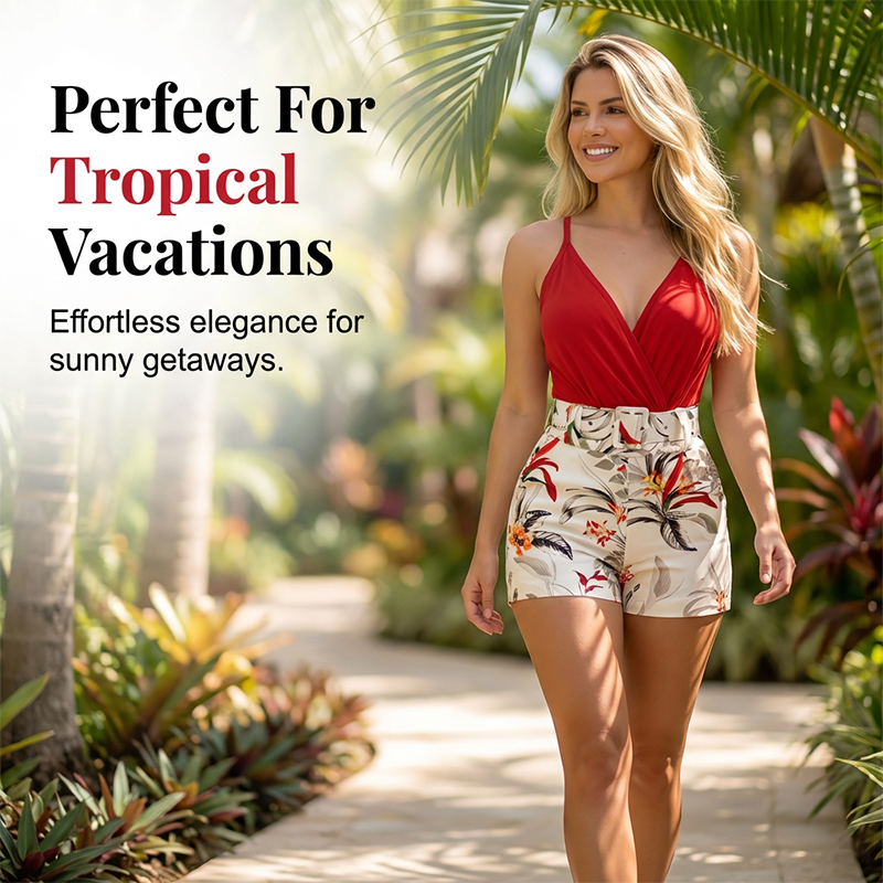 ✨ V-Neck & High-Waist Shorts Set – Tropical Print, 2-Piece Vacation Outfit 🌴