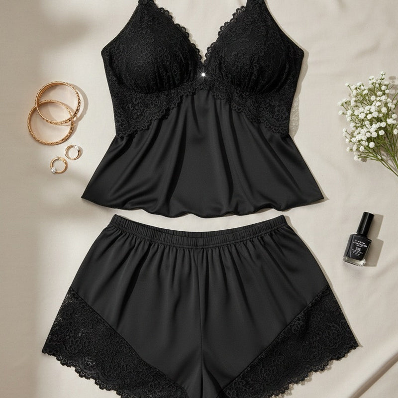 🥳2026 HOT SALE👗🌸Lace Trim Camisole & Shorts Pajama Set – Soft satin-like fabric, adjustable straps & V-neck. Elastic waist shorts for easy on/off. Perfect for a relaxing night. 🛏️✨