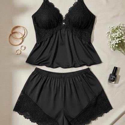 🥳2026 HOT SALE👗🌸Lace Trim Camisole & Shorts Pajama Set – Soft satin-like fabric, adjustable straps & V-neck. Elastic waist shorts for easy on/off. Perfect for a relaxing night. 🛏️✨