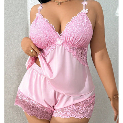 🥳2026 HOT SALE👗🌸Lace Trim Camisole & Shorts Pajama Set – Soft satin-like fabric, adjustable straps & V-neck. Elastic waist shorts for easy on/off. Perfect for a relaxing night. 🛏️✨
