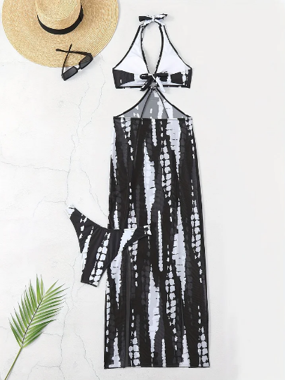 ✨ Striped Two-Piece Swimsuit – Bow Neck, Ring Detail, High Stretch 🌊