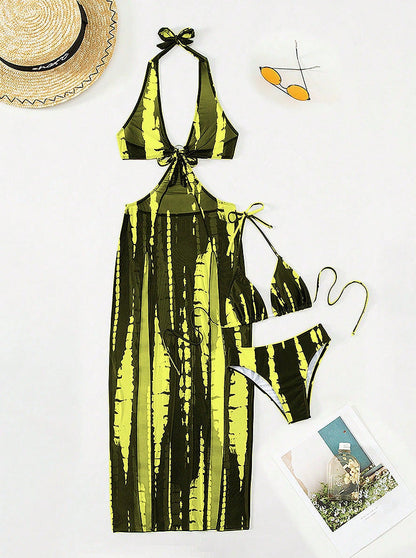 ✨ Striped Two-Piece Swimsuit – Bow Neck, Ring Detail, High Stretch 🌊