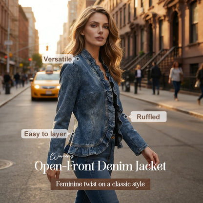 🧥 Women's Denim Jacket – Open-Front, Ruffle Trim, Lightweight, Classic Wash ✨