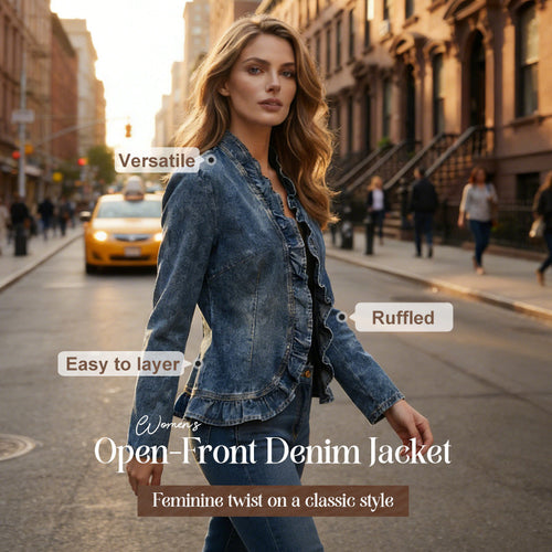 🧥 Women's Denim Jacket – Open-Front, Ruffle Trim, Lightweight, Classic Wash ✨