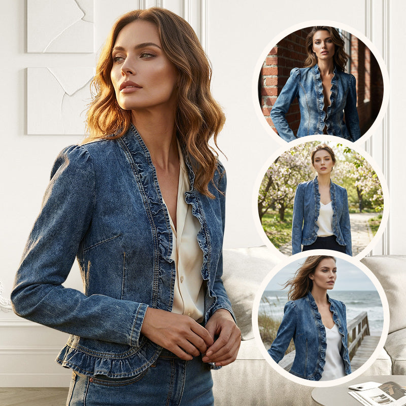 🧥 Women's Denim Jacket – Open-Front, Ruffle Trim, Lightweight, Classic Wash ✨