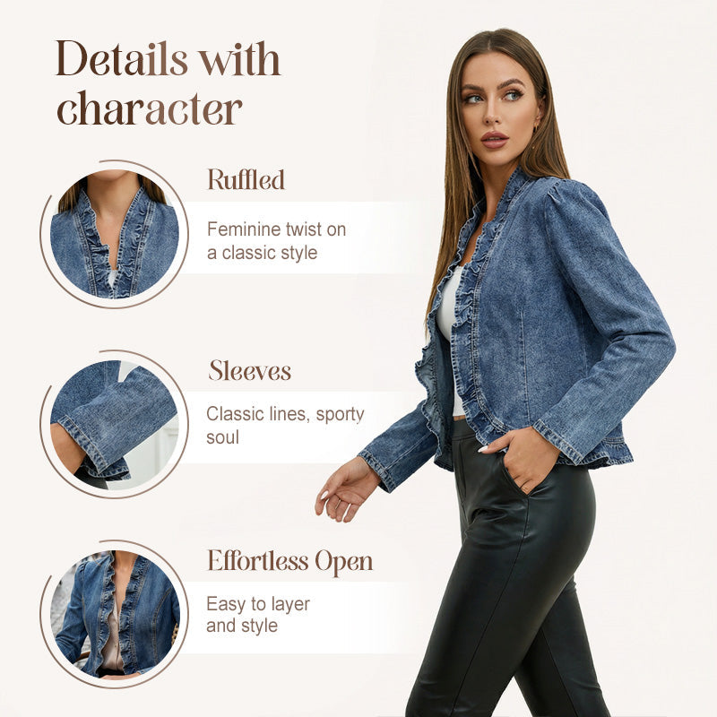 🧥 Women's Denim Jacket – Open-Front, Ruffle Trim, Lightweight, Classic Wash ✨