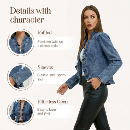 🧥 Women's Denim Jacket – Open-Front, Ruffle Trim, Lightweight, Classic Wash ✨