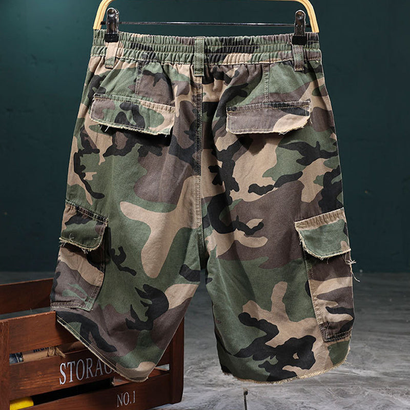 ⚡ Men's Studded Camo Cargo Shorts – Distressed, Multi-Pocket & Elastic Waist – Rugged Streetwear Cargo Shorts 🛹