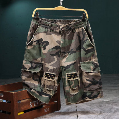 ⚡ Men's Studded Camo Cargo Shorts – Distressed, Multi-Pocket & Elastic Waist – Rugged Streetwear Cargo Shorts 🛹