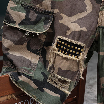 ⚡ Men's Studded Camo Cargo Shorts – Distressed, Multi-Pocket & Elastic Waist – Rugged Streetwear Cargo Shorts 🛹