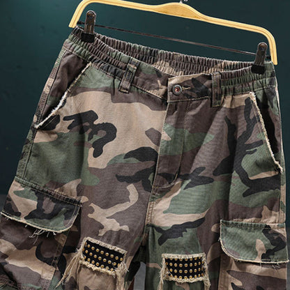 ⚡ Men's Studded Camo Cargo Shorts – Distressed, Multi-Pocket & Elastic Waist – Rugged Streetwear Cargo Shorts 🛹