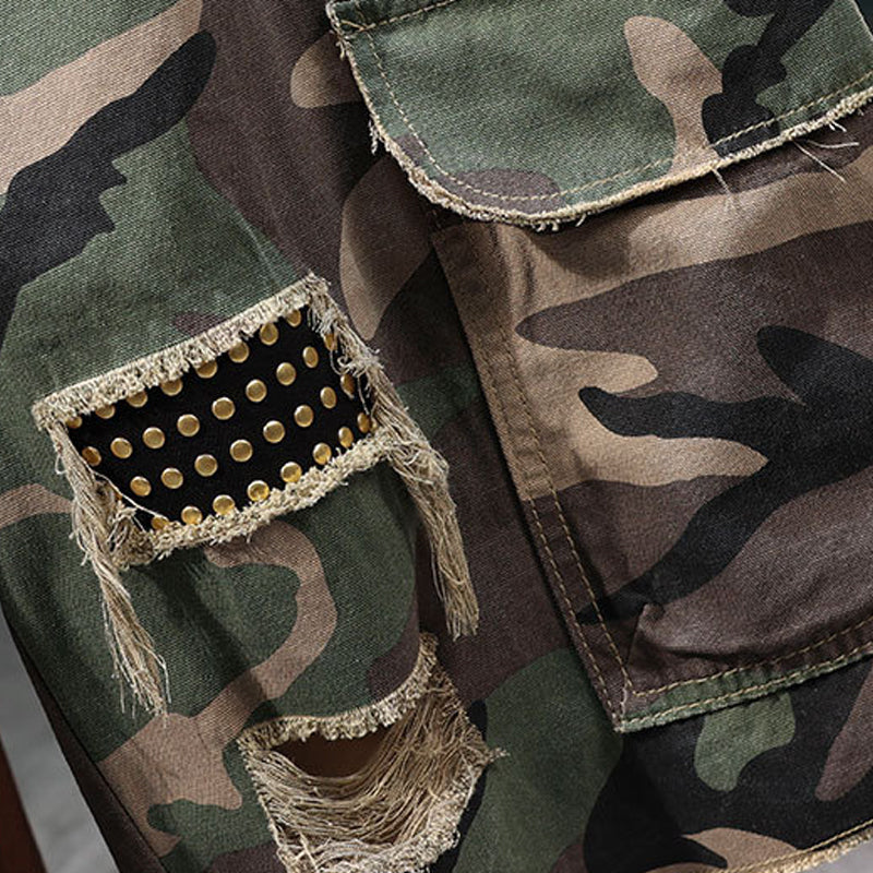 ⚡ Men's Studded Camo Cargo Shorts – Distressed, Multi-Pocket & Elastic Waist – Rugged Streetwear Cargo Shorts 🛹