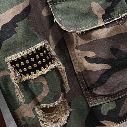 ⚡ Men's Studded Camo Cargo Shorts – Distressed, Multi-Pocket & Elastic Waist – Rugged Streetwear Cargo Shorts 🛹
