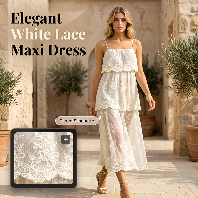 Women Elegant White Lace Spaghetti Strap Maxi Dress