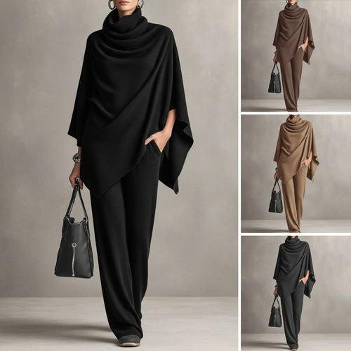 ✨ Elevated Comfort | Women's Cowl-Neck Cape & Wide-Leg Pants 2-Piece Set